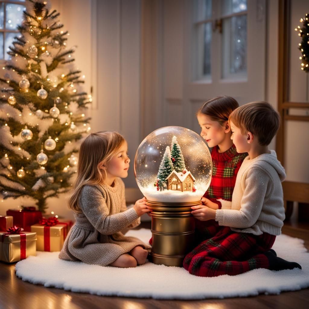 Retro Christmas Living Room Scene with Children
