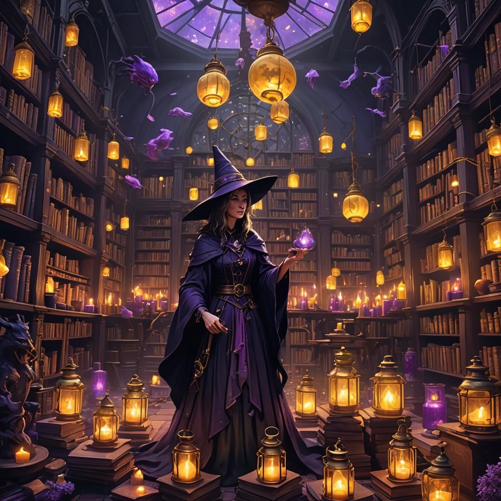 Mystical Witch in Arcane Library: Dark Fantasy Art