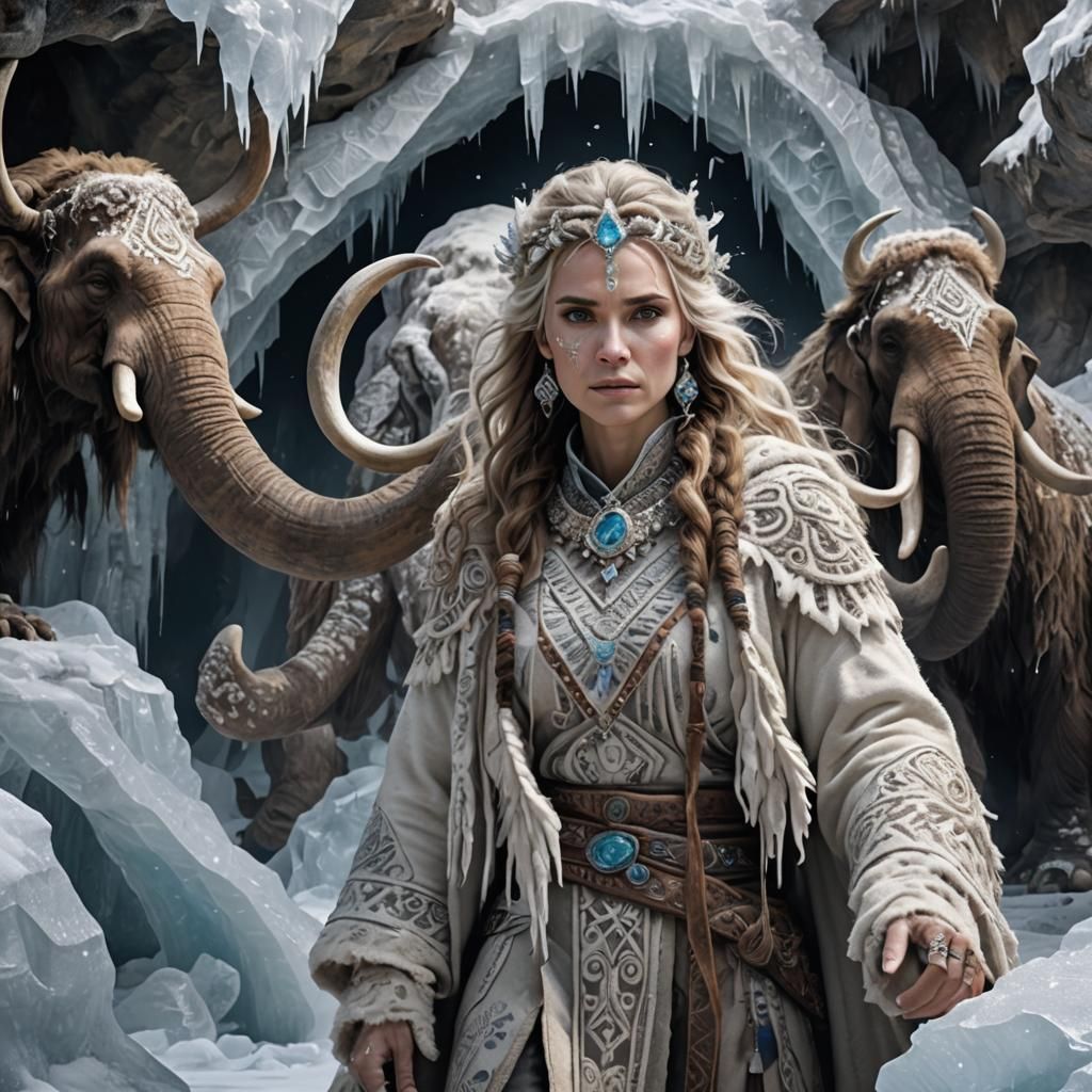 Ancient Woman Warrior on Mammoth Emerging from Ice Cave
