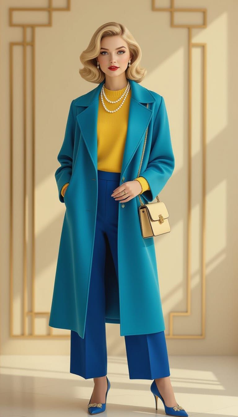 Art Deco Style Petite Blonde Woman in Blue Silk Coat