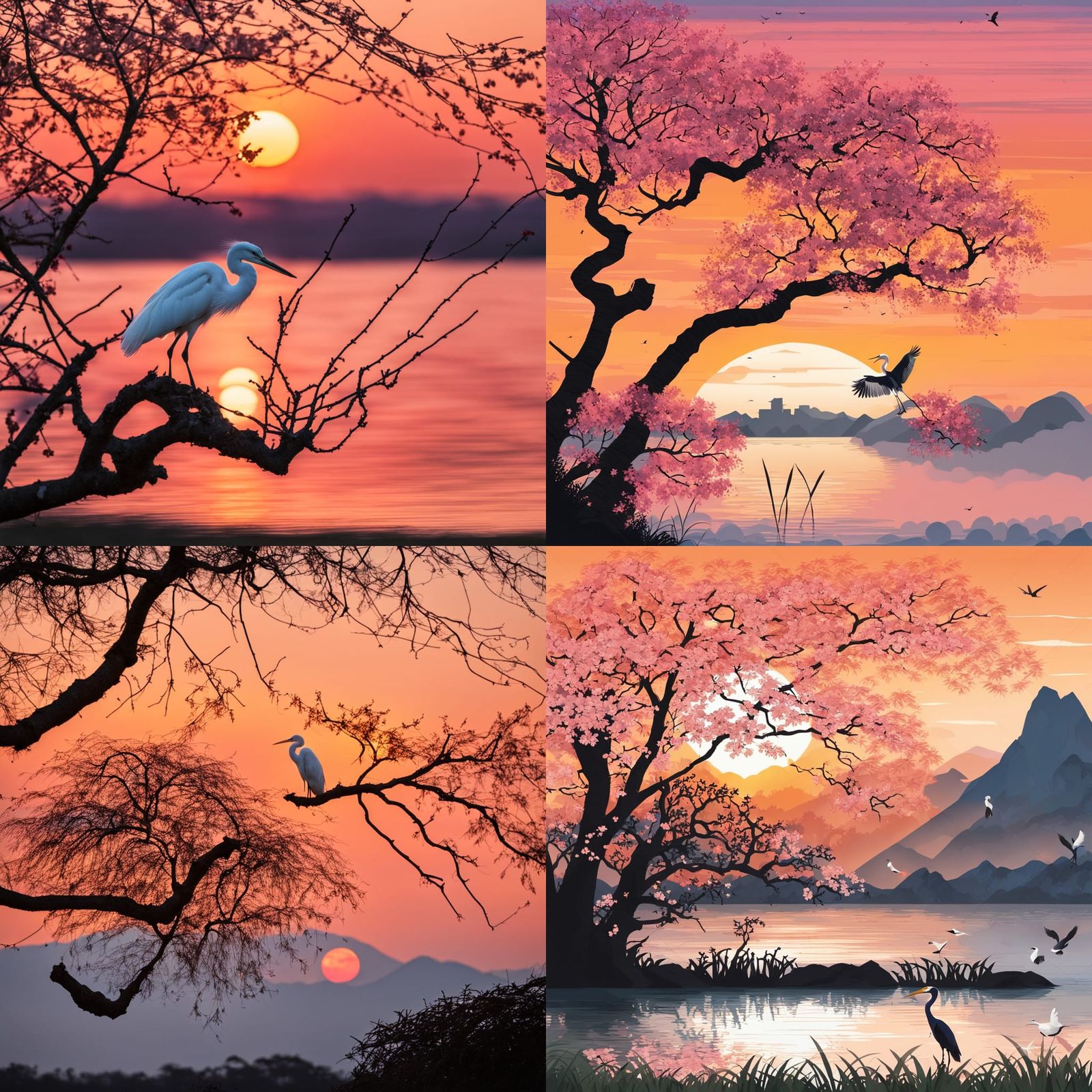 Surreal Sunset Through Sakura Branch with Egret