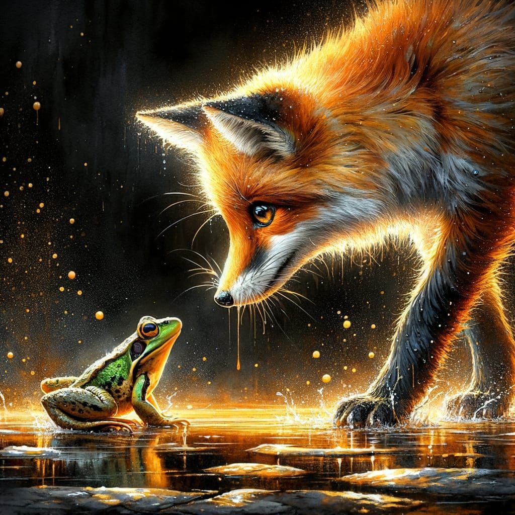 Vibrant Fairytale Fox and Frog Encounter in Watercolor Style