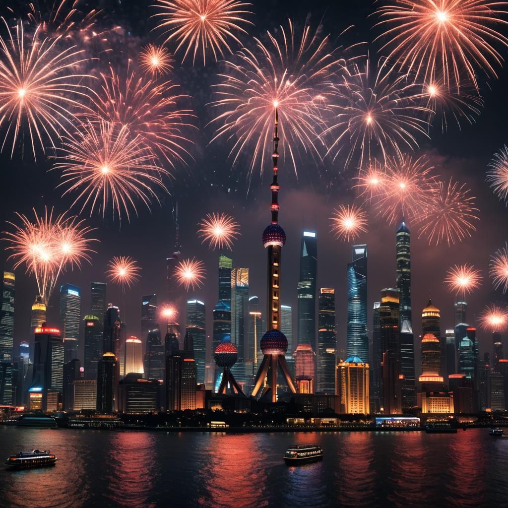 Shanghai Pudong at Night with Fireworks Display
