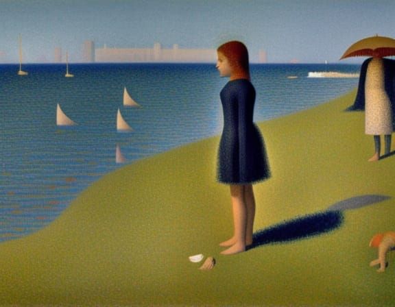 Girl at Beach in Pointillist Style