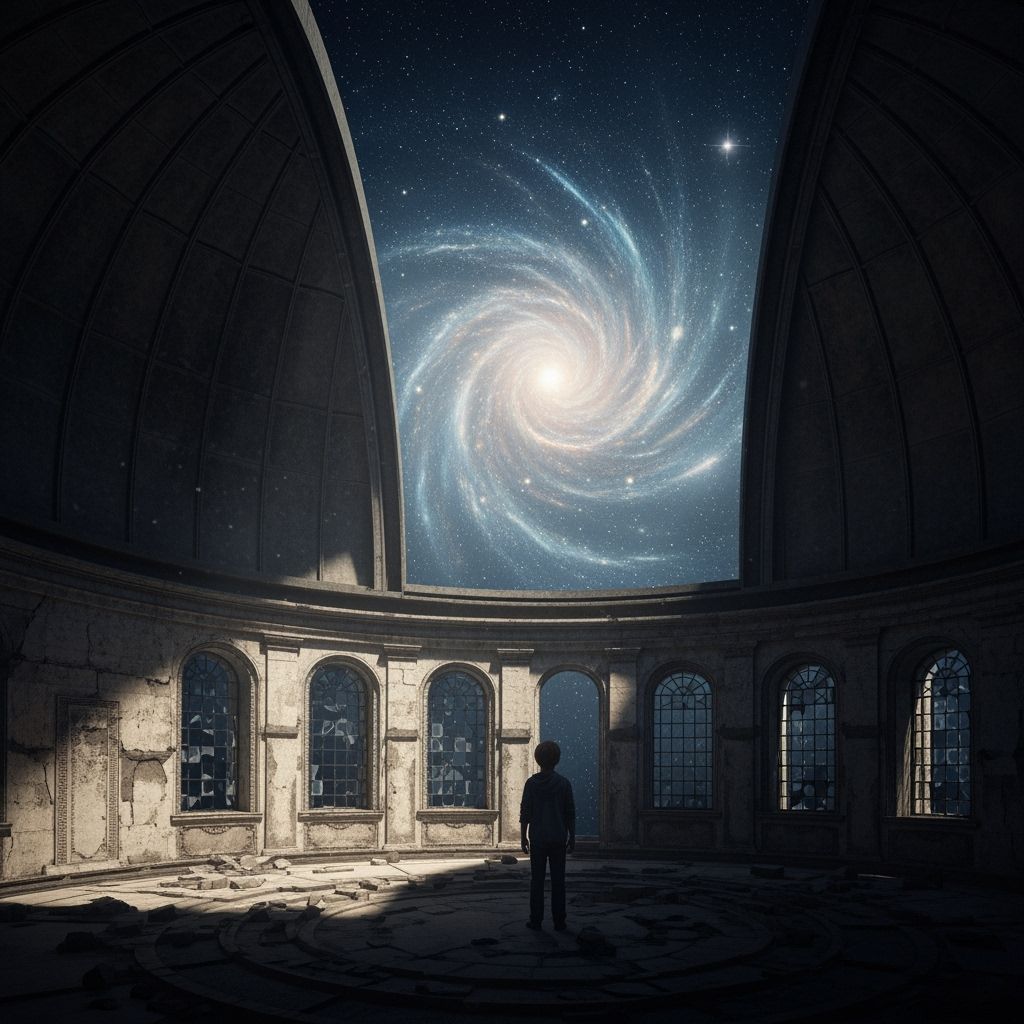 Boy Gazes at Cosmic Nebula in Ancient Observatory