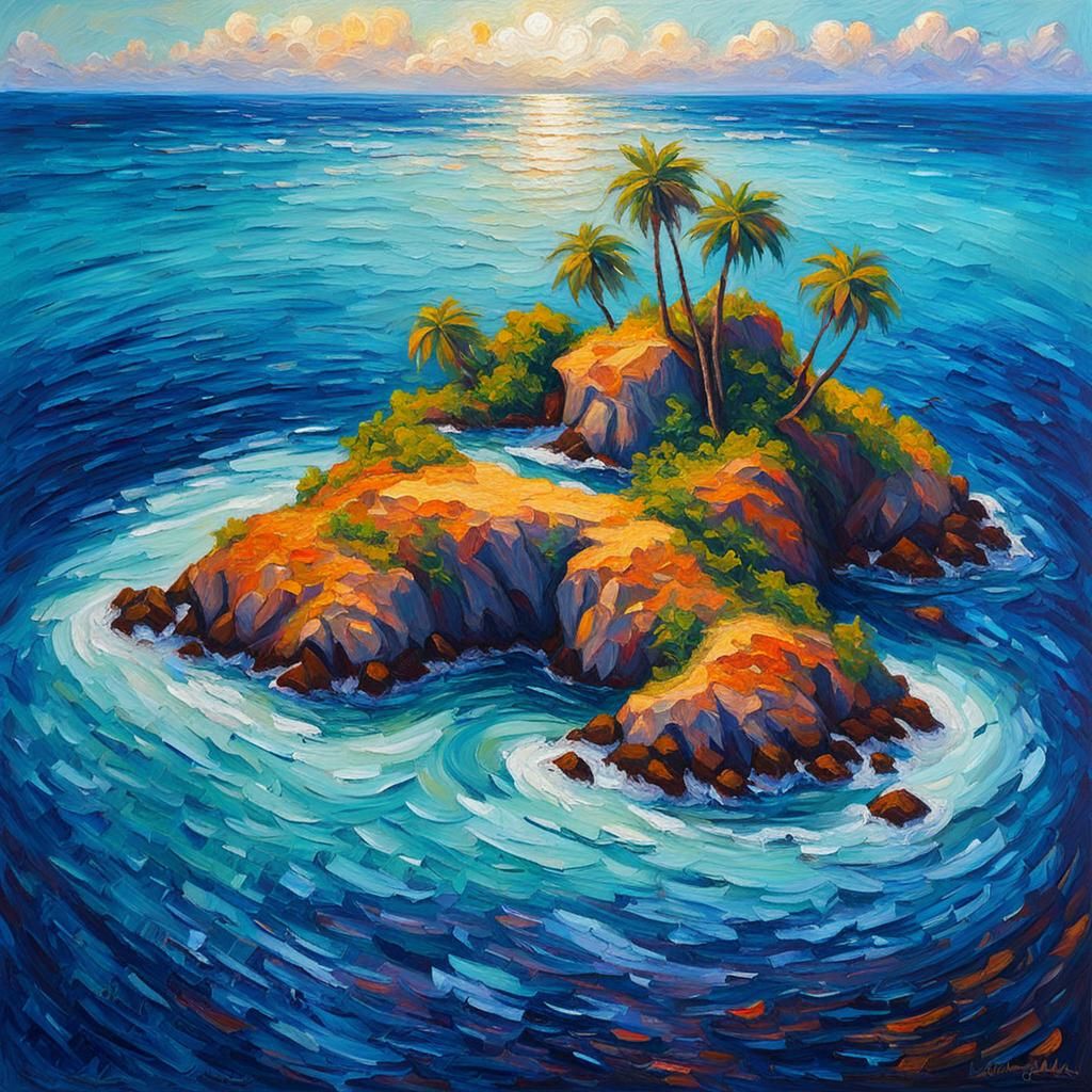 Island Oasis in Neo-Impressionist Oil Painting