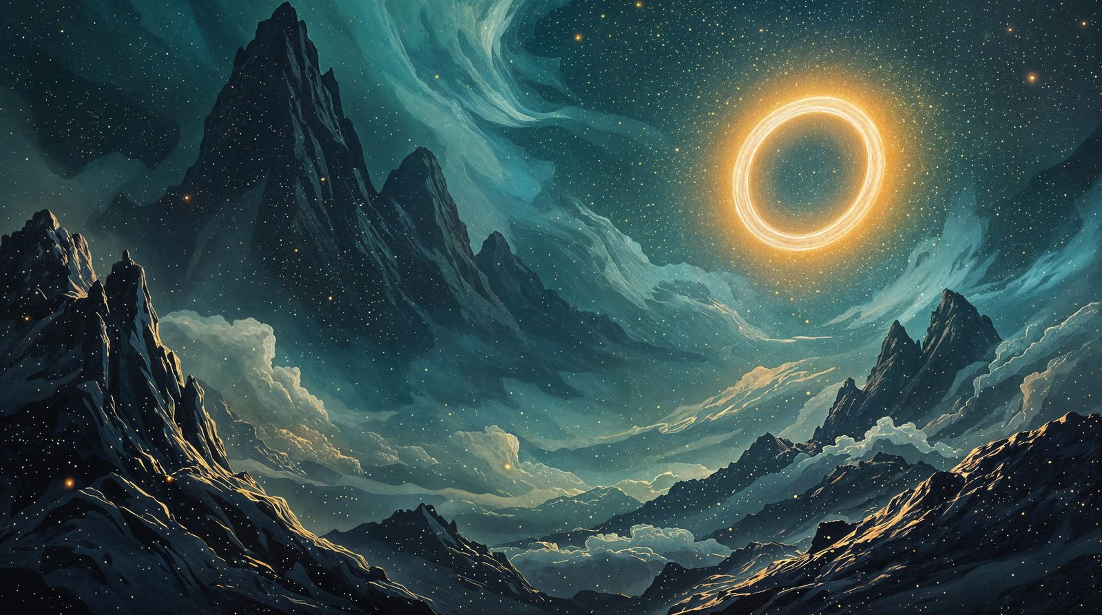 Surreal Mountains Meet Celestial Ring in Ethereal Landscape