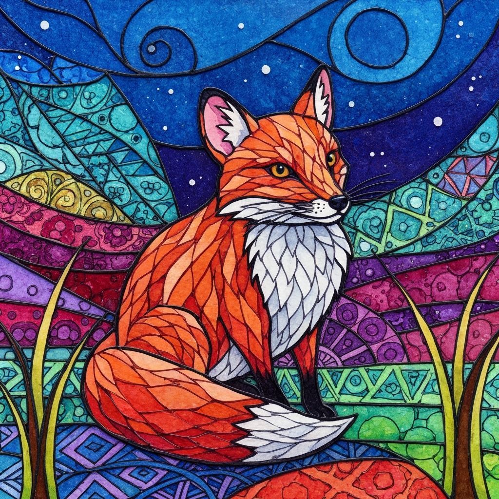 A vibrant stylized fox on a summer night, detailed, highly f...