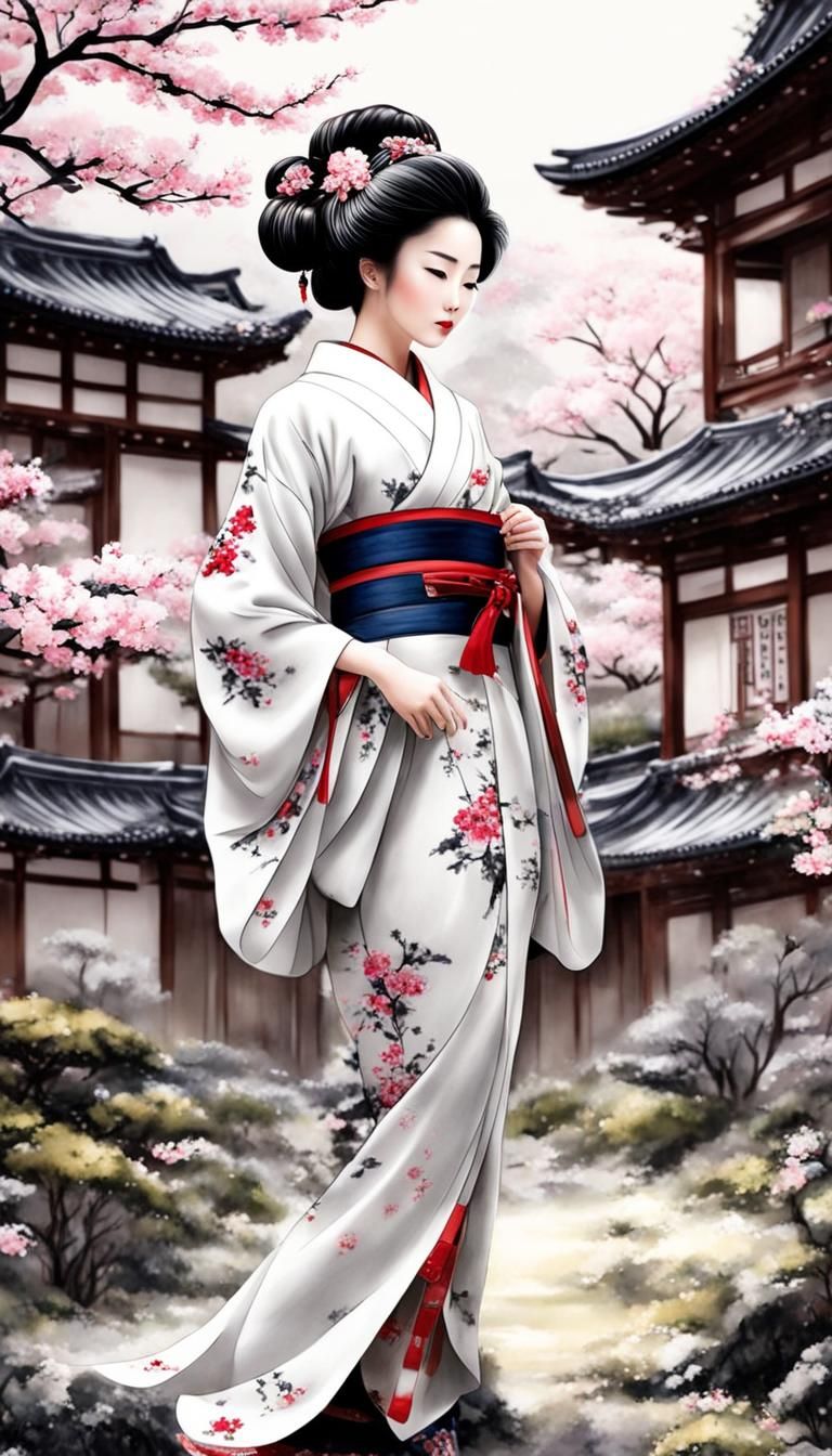 Elegant Geisha in Sakura Garden Ink Painting