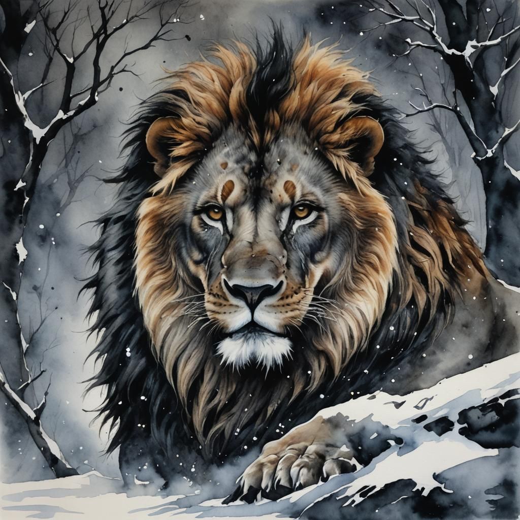 Hyperrealistic Lion in Winter Watercolor Painting