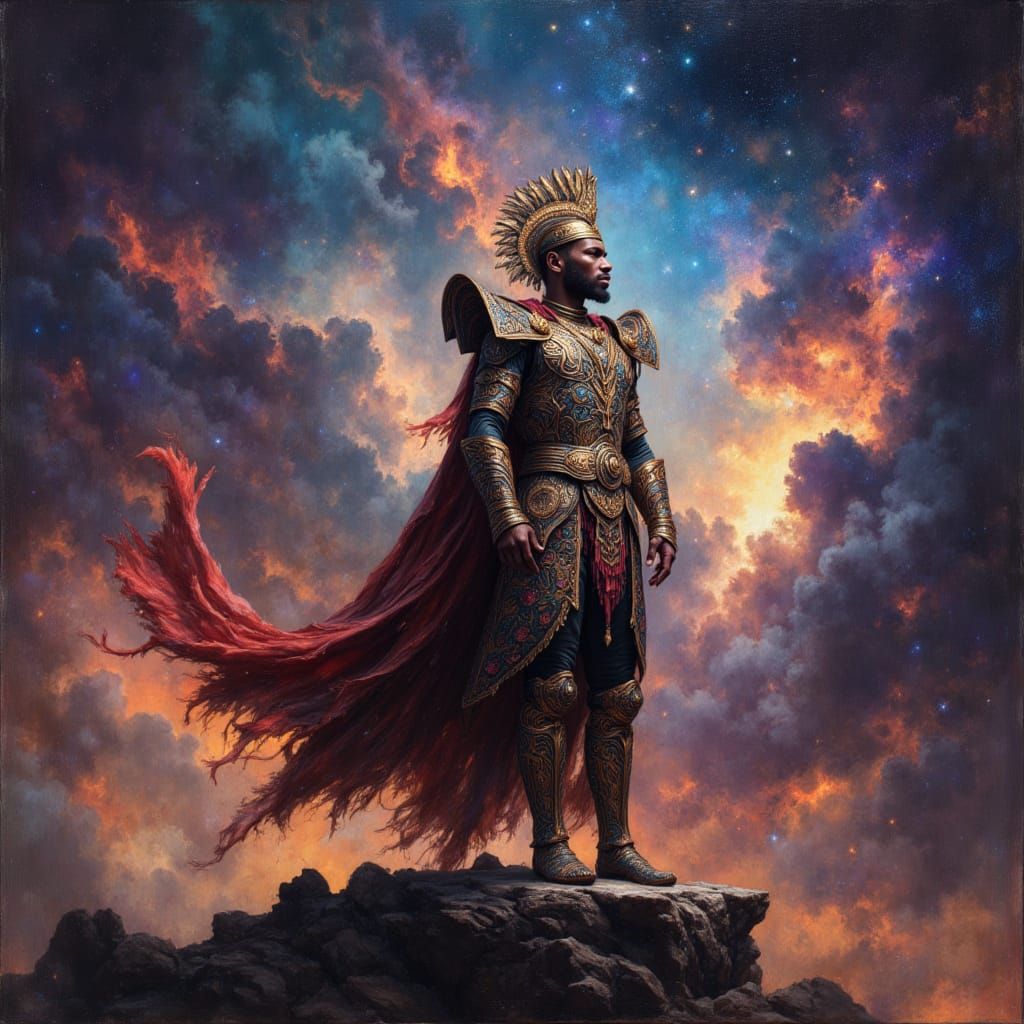 Majestic King Gazing at Nebula in Brushed Oils Style