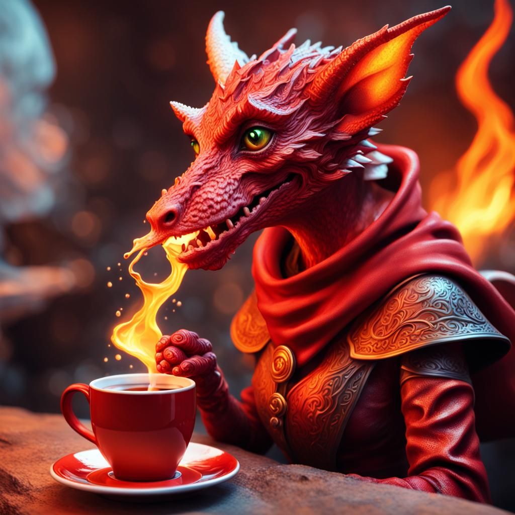 Red Kobold Wizard Drinking Coffee: Hyperrealistic Splash Art