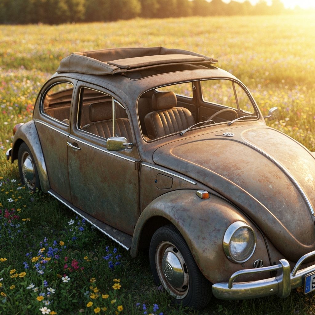 Abandoned VW Beetle in Field of Flowers