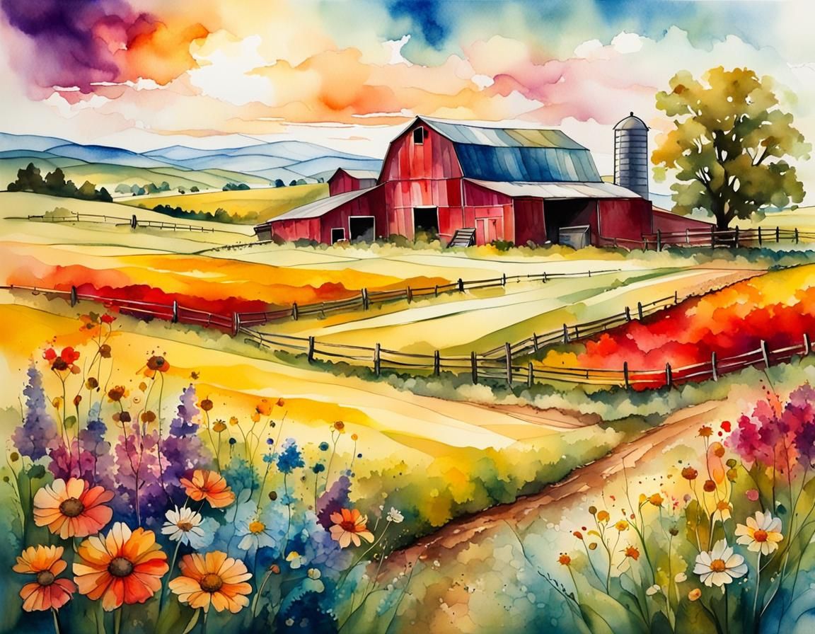 Alcohol Ink Farm Landscape Watercolor Painting