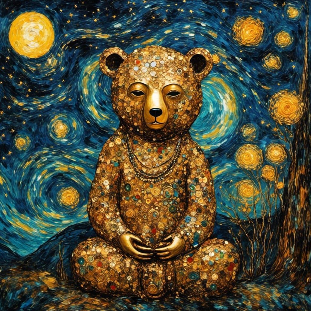 Buddha Bear in Starry Night, Alcohol Ink Style