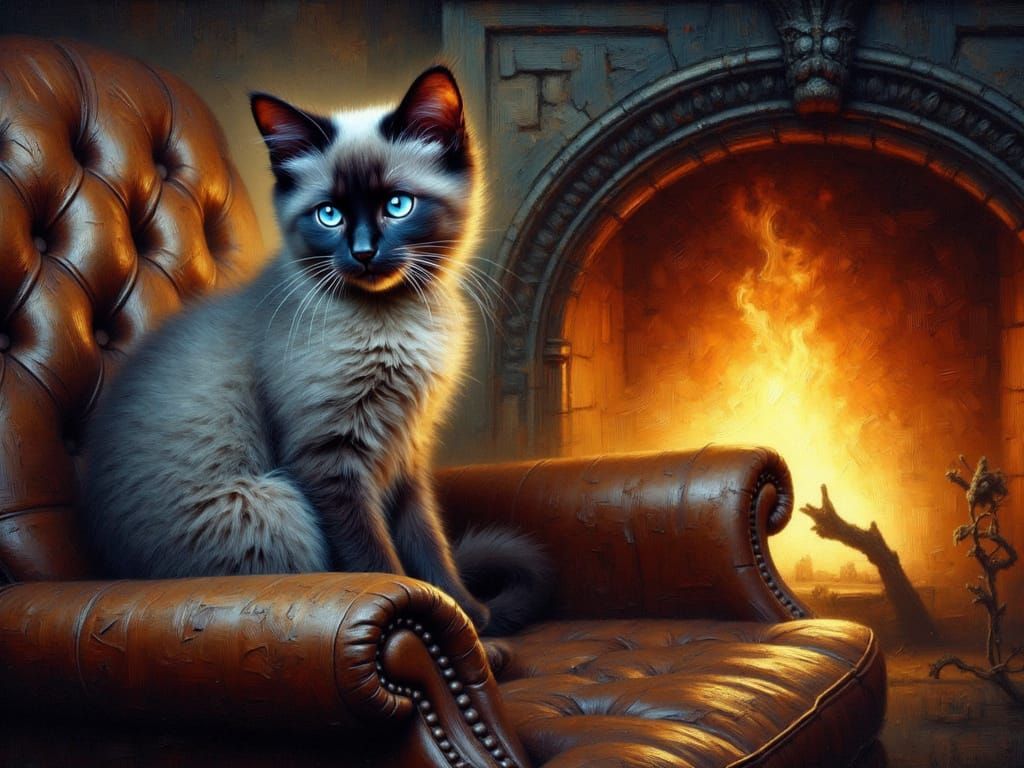 Majestic Siamese Cat by Fireplace in Matte Painting Style