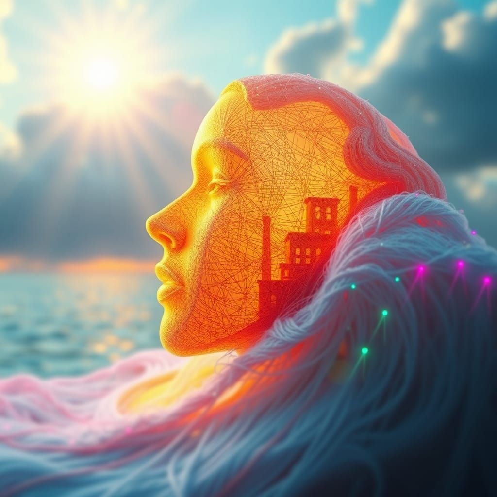 Surreal String Sculpture: Female Face Melts into Ocean