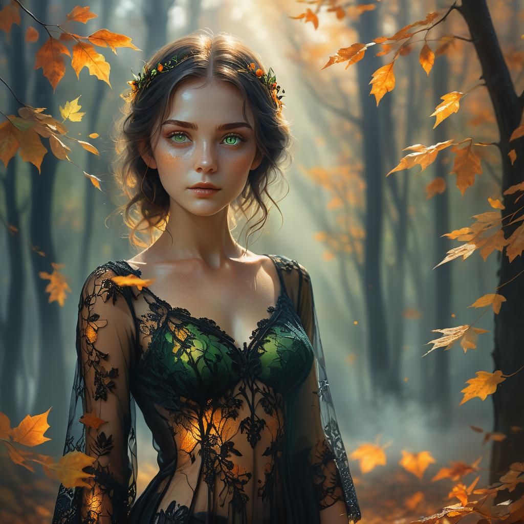 Woman in Lace Lingerie in Autumn Forest