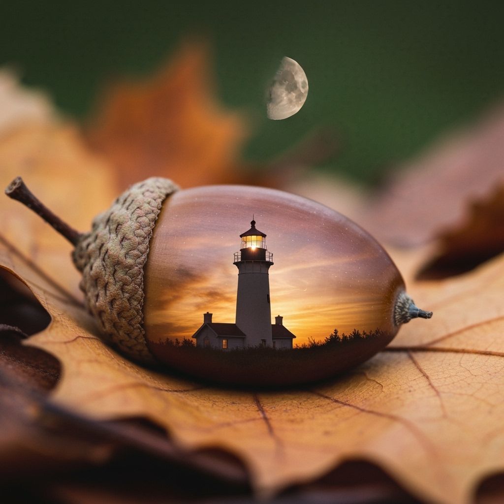 Acorn Double Exposure with Lighthouse and Moon