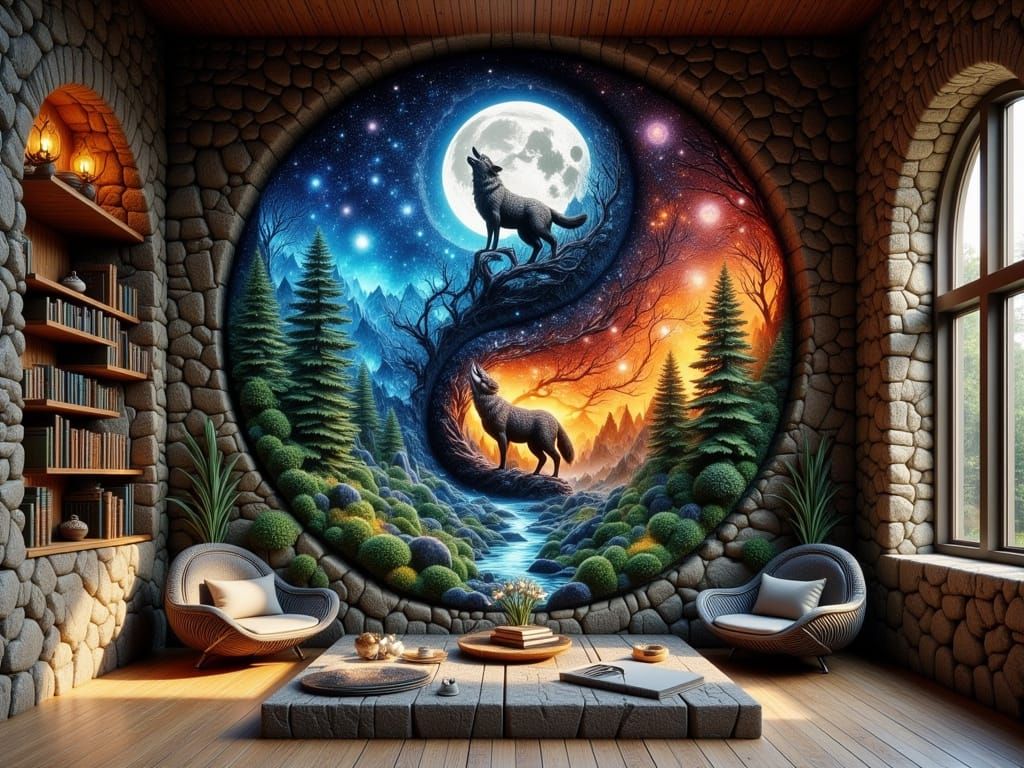 Vibrant Double Exposure Yin Yang Wolves in Tribal Art Style