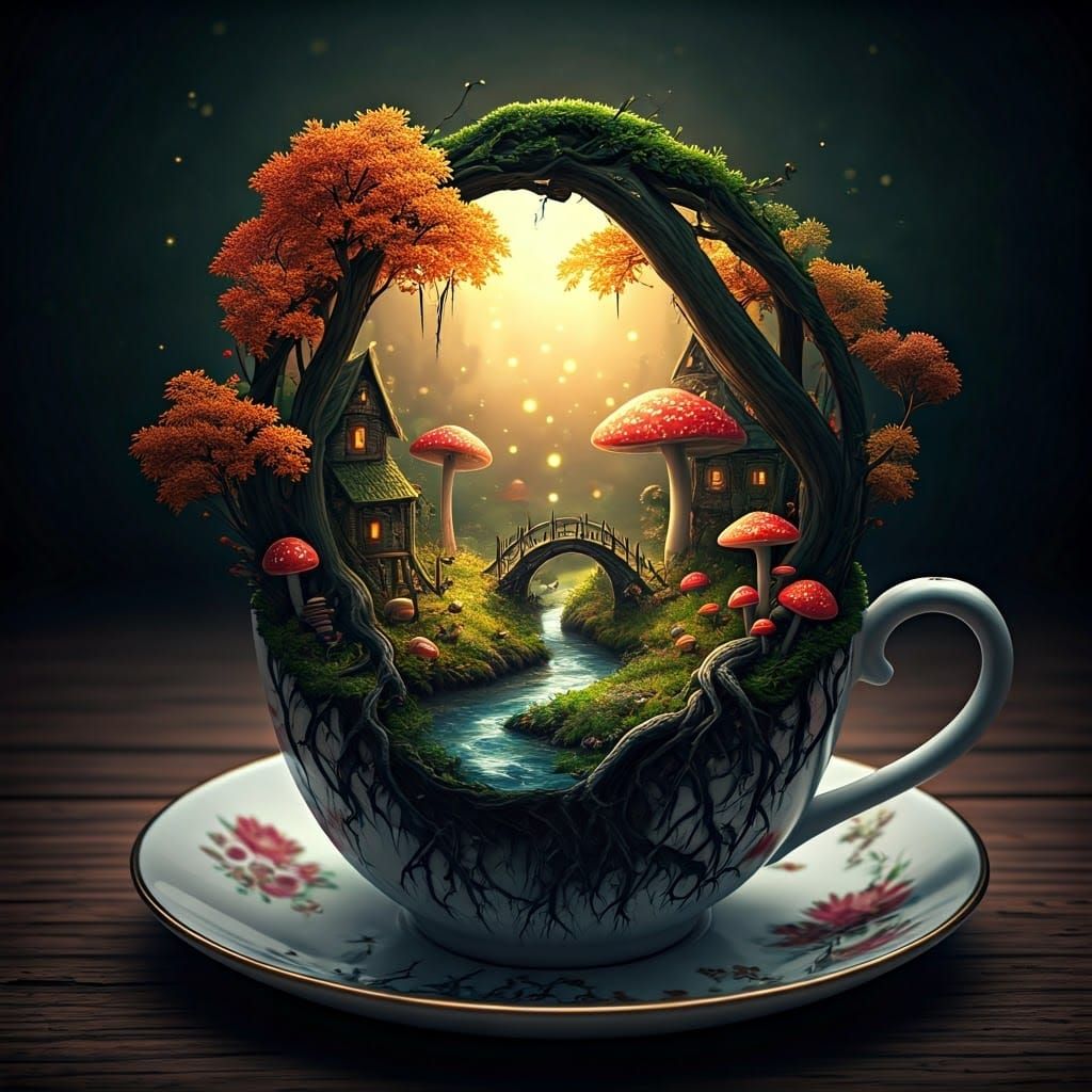 Miniature Autumn Fantasy World Inside Teacup