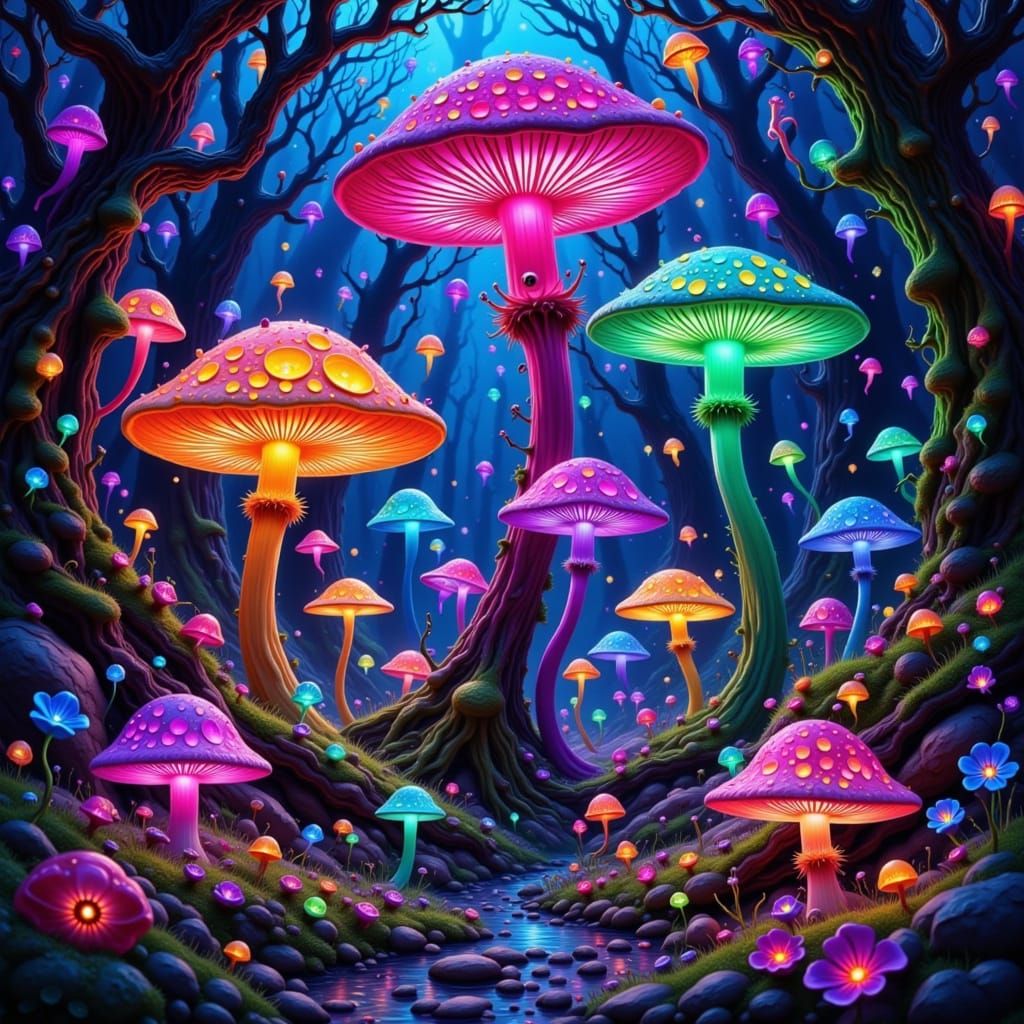 Whimsical Creatures in a Bioluminescent Wonderland