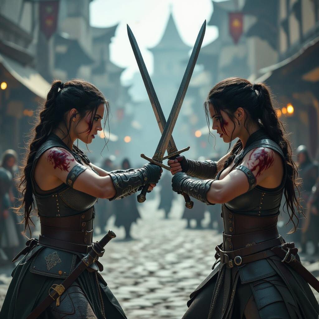 Epic Sword Battle Between Warrior Women in Fantasy City