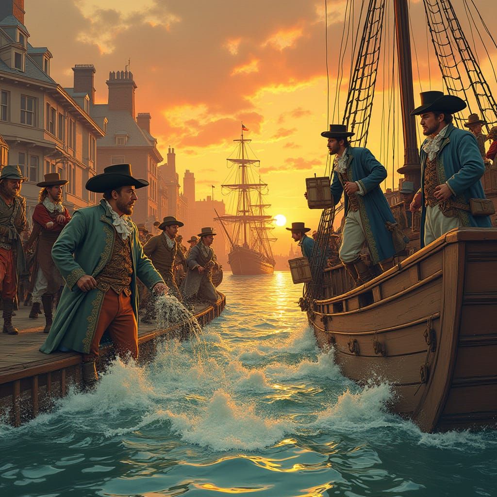 Whimsical Boston Tea Party Scene in Retro Style