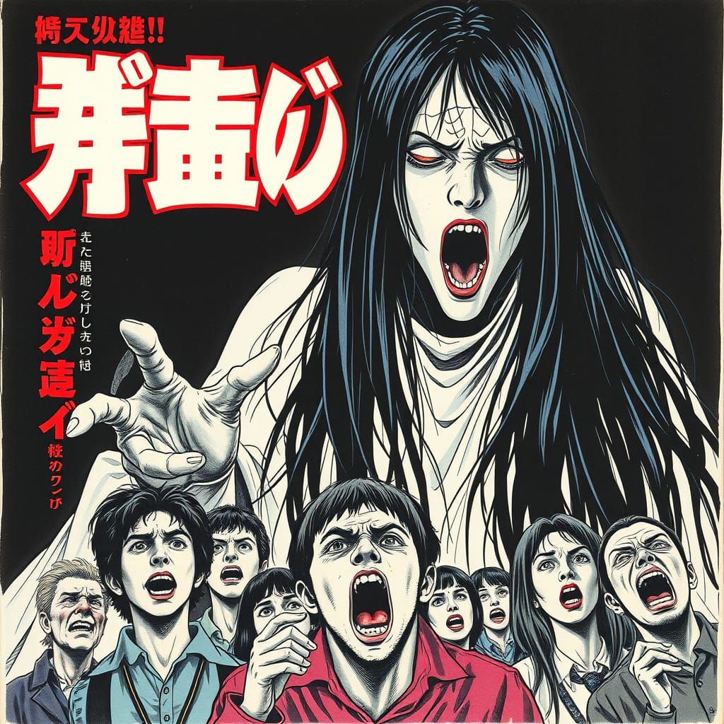 Eerie Ghost Woman in Manga Horror Poster