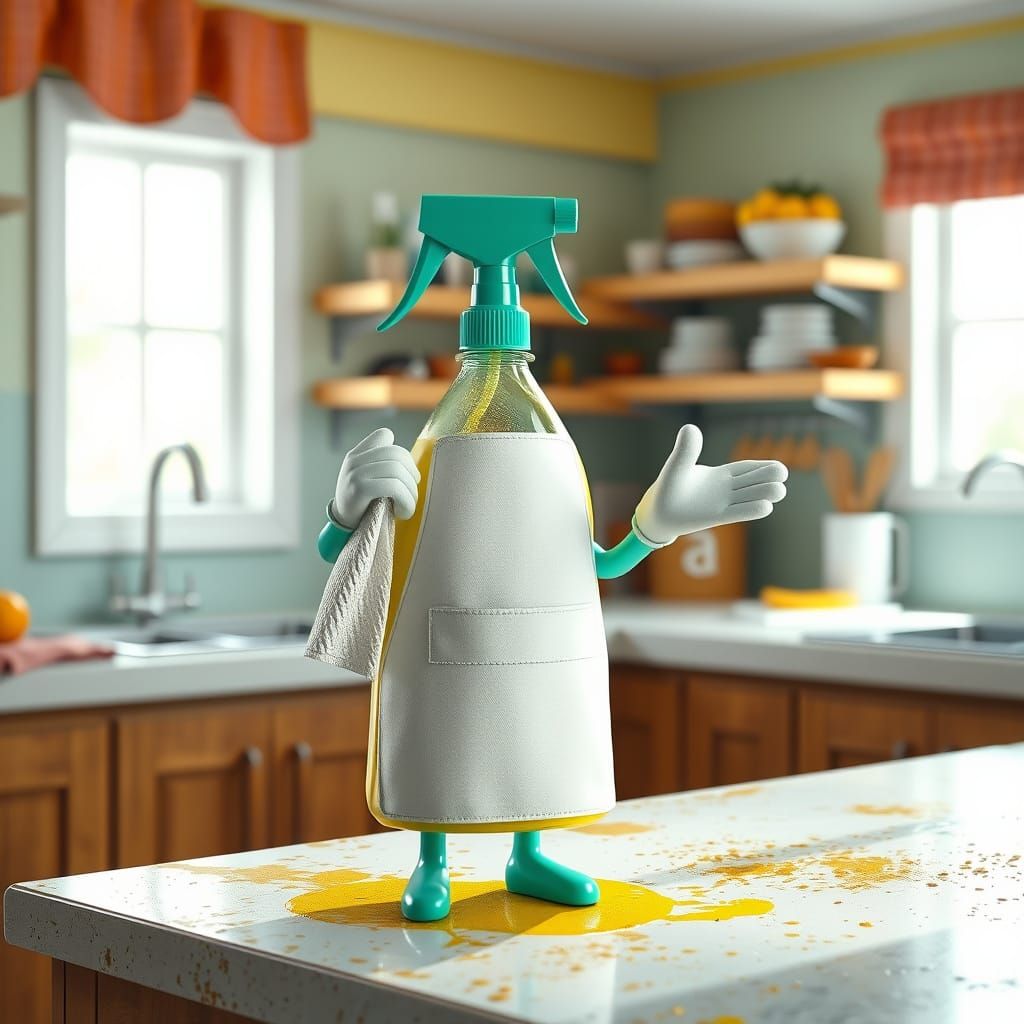 Anthropomorphic Spray Bottle on Counter, 3D Digital Art