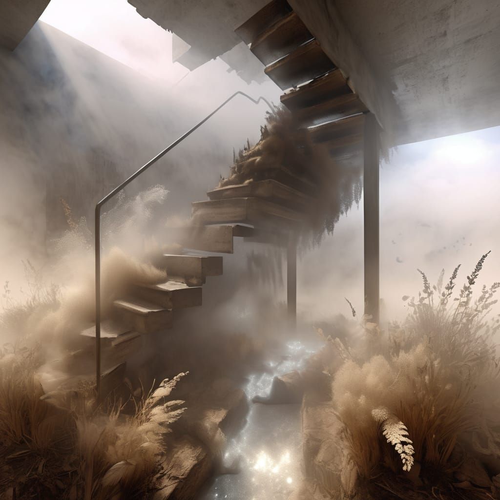 Ethereal Foggy Stairway to Heaven in Kinetic Art Style