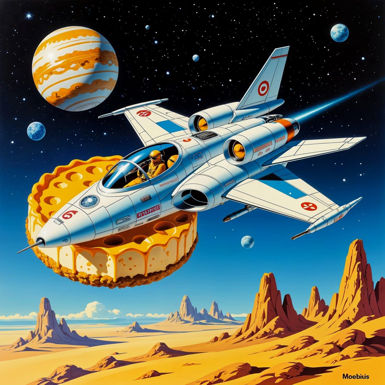 Dragonfly Spaceship Visits Cheesecake Planet in Moebius Styl...