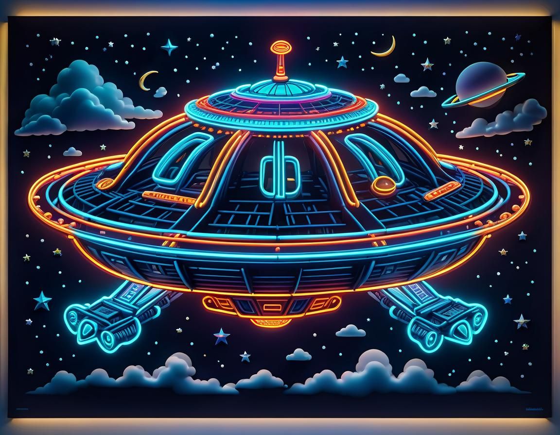 Neon UFO Flies Through Cloudy Night Sky