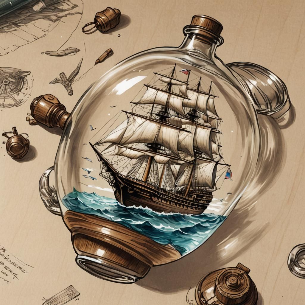 Ship in a Bottle: Detailed and Vibrant Illustration