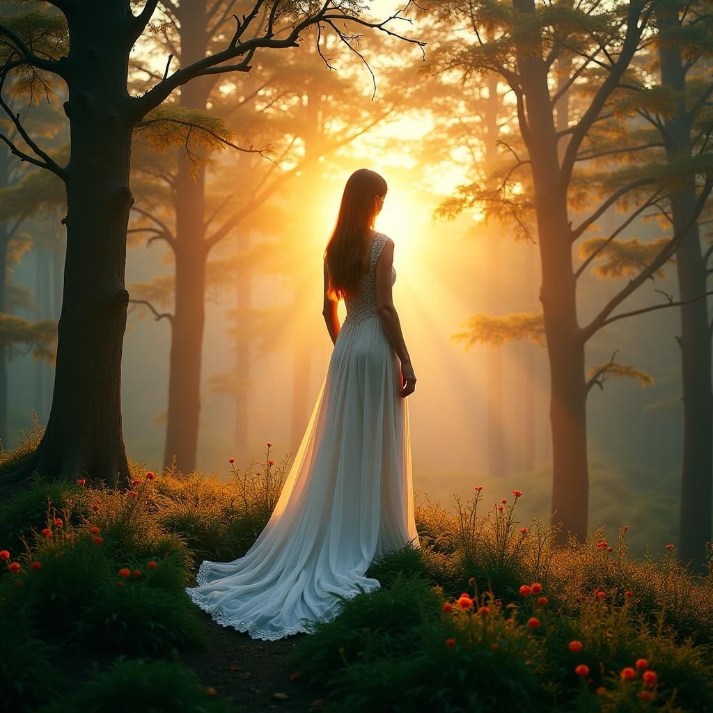 Ethereal Woman in Spiritual Landscape at Sunset