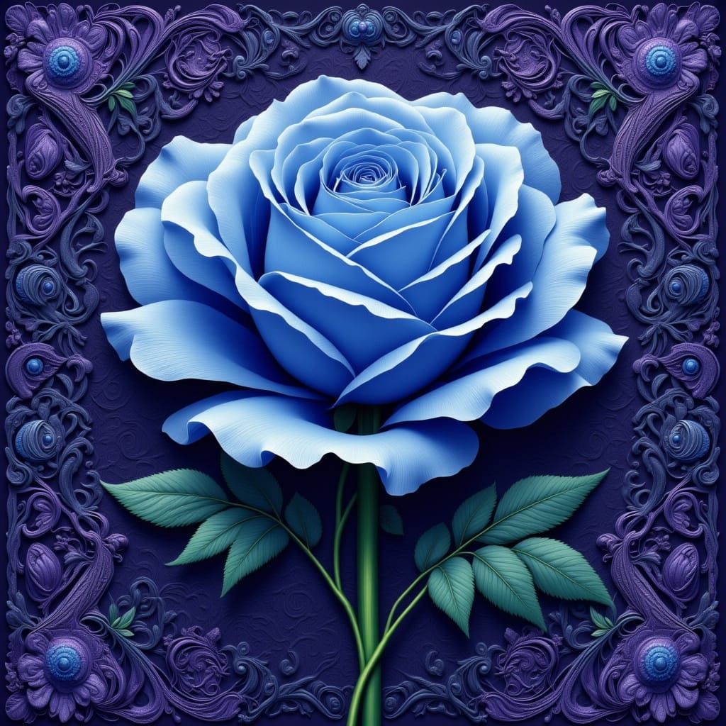 Blue Rose with Purple Lace in Art Nouveau Style
