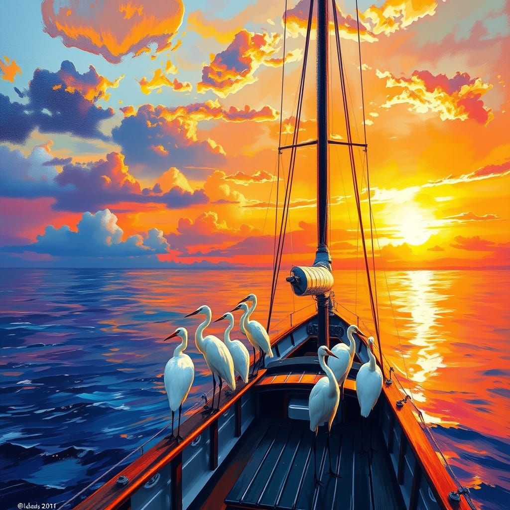 Egrets on a Majestic Sailboat in a Surreal Sunset