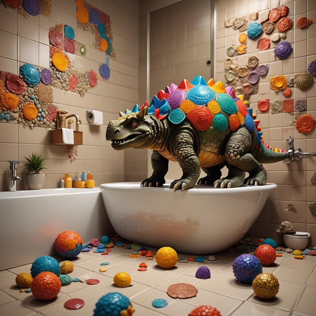 Colorful Plastilina Ankylosaurus in Modern Bathroom