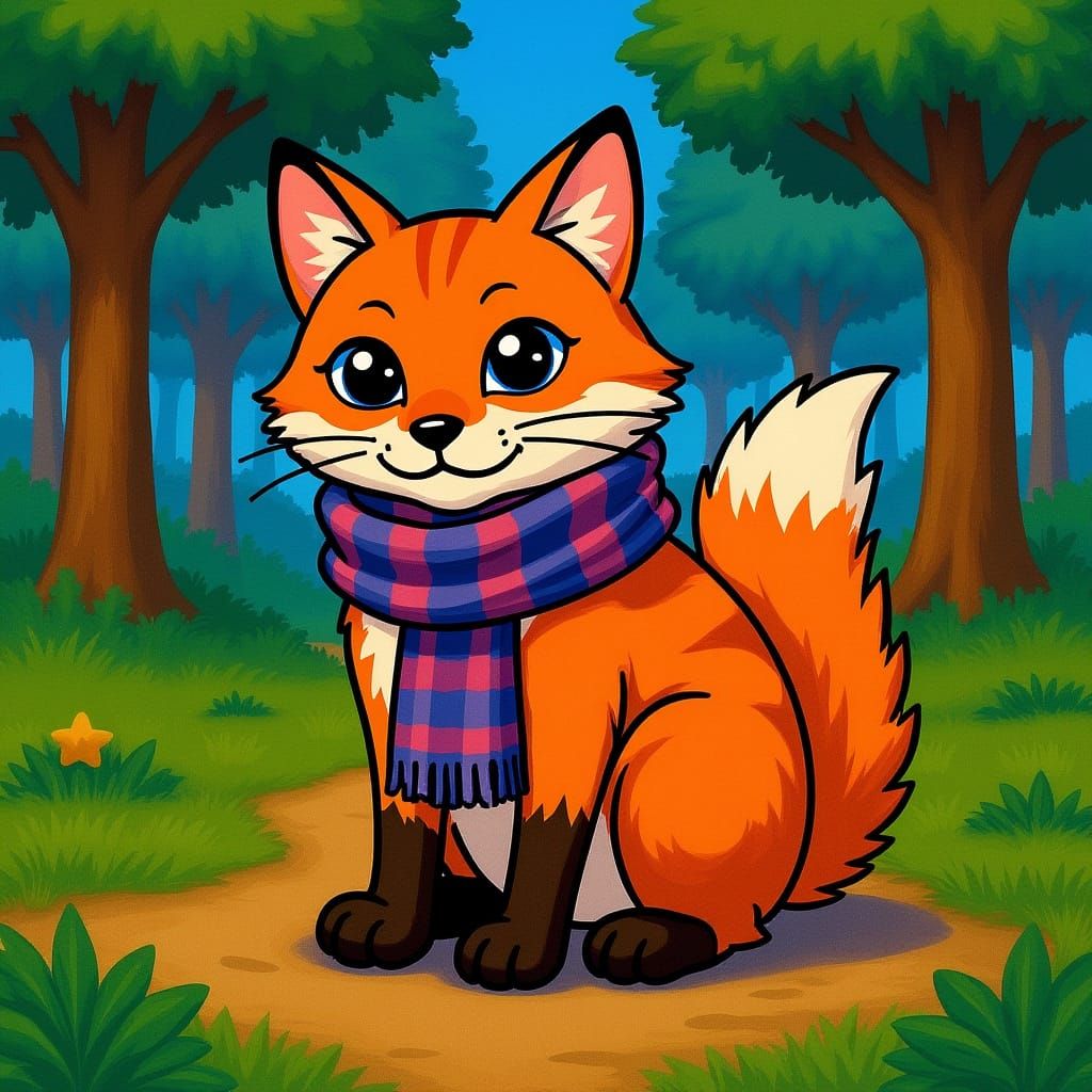 Relaxed Fox in Forest, Whimsical Digital Art