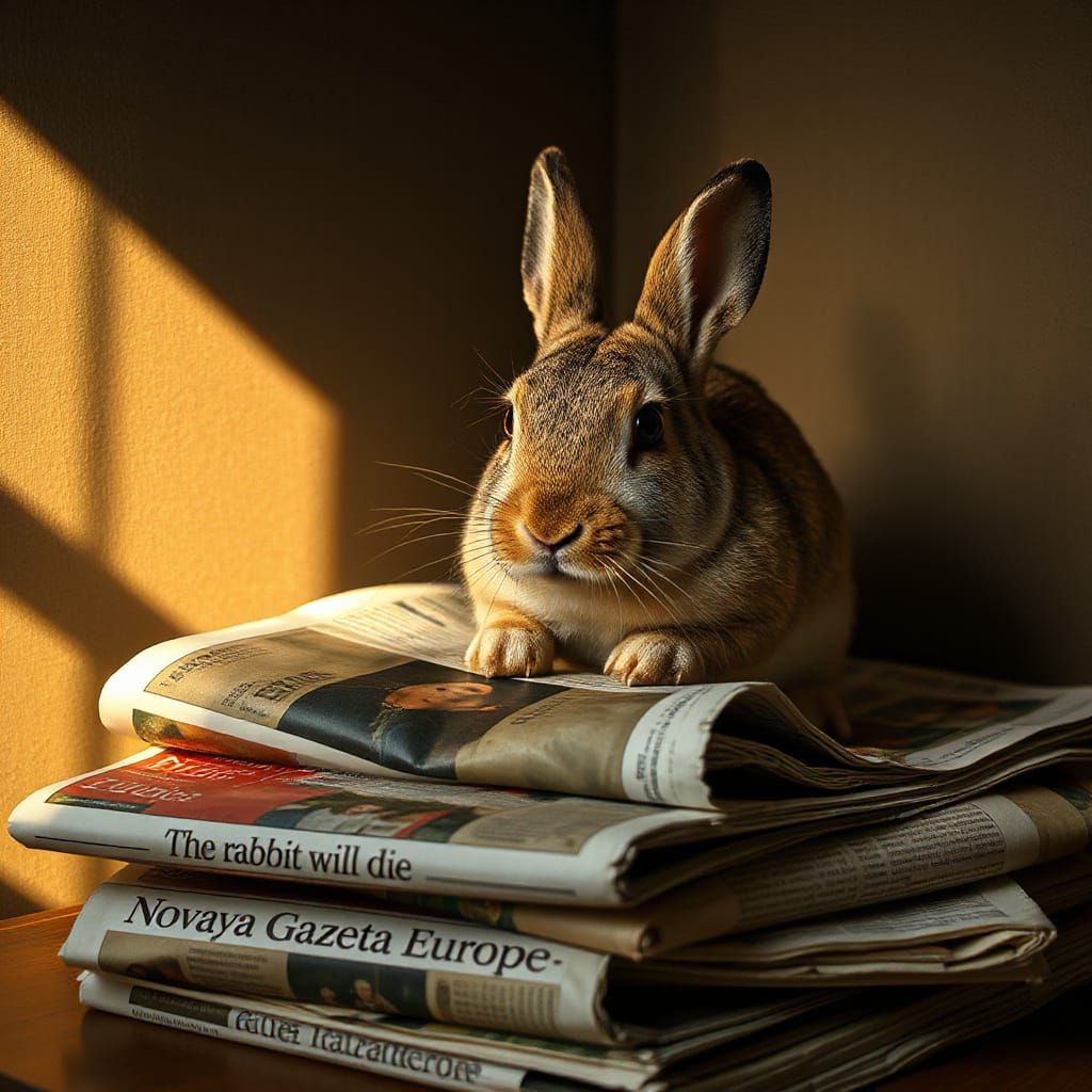 Weary Rabbit on Newspapers in Armenian Folk Art Style