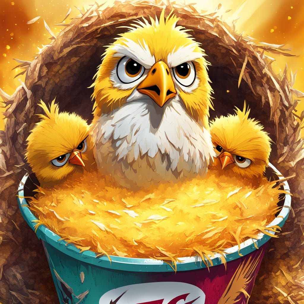 Grumpy Chick Nests in KFC Bucket: Digital Art