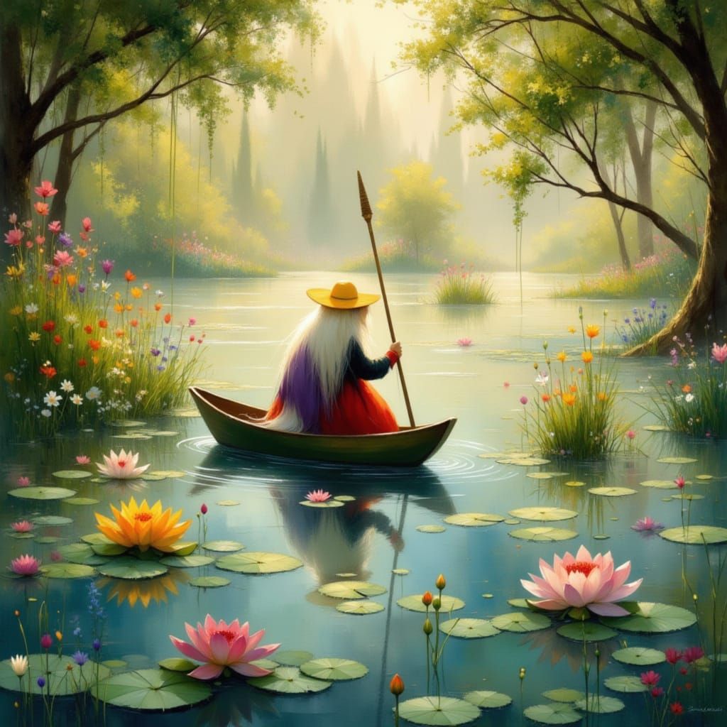 Putti Punting on Heavenly Pond in Dreamcore Style