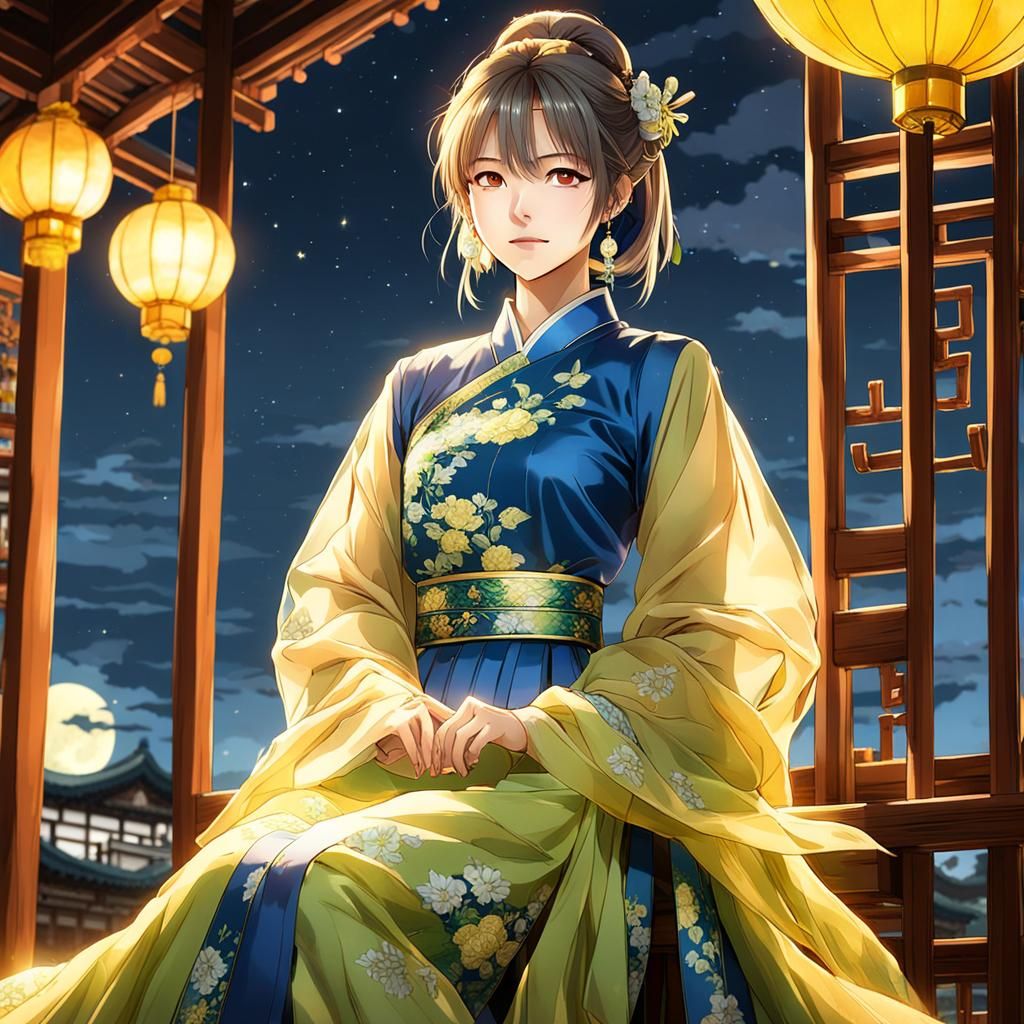 K-Pop Star in Silk Chinese Dress, Anime Style