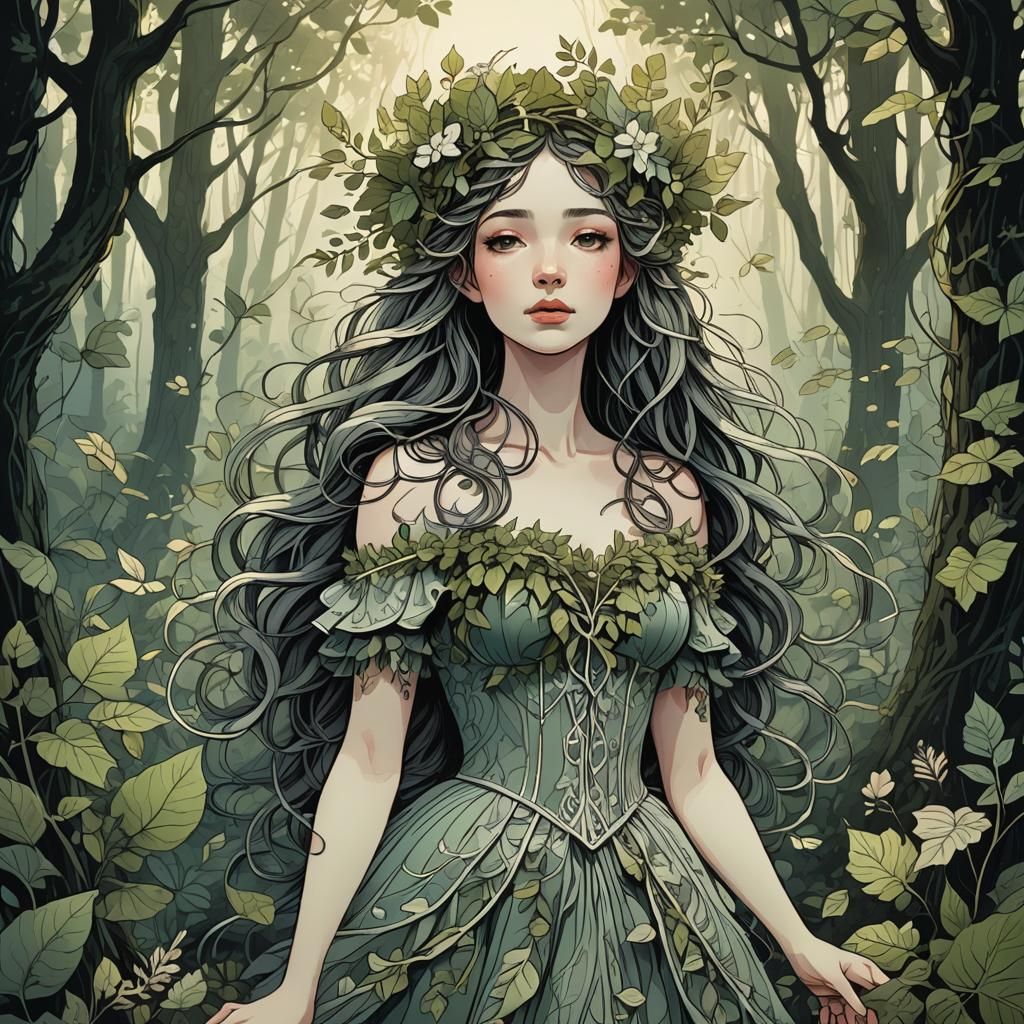 Whimsical July Nymph in Forest, Cartoon Line Art