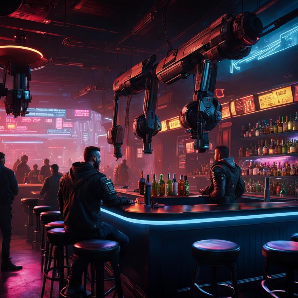 Cyberpunk Bar Scene with Robotic Arms