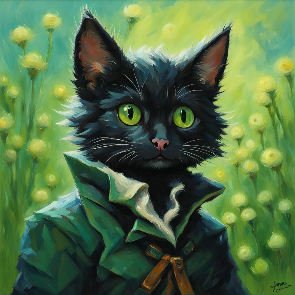 Cute Black Catboy in Van Gogh Style Oil Painting