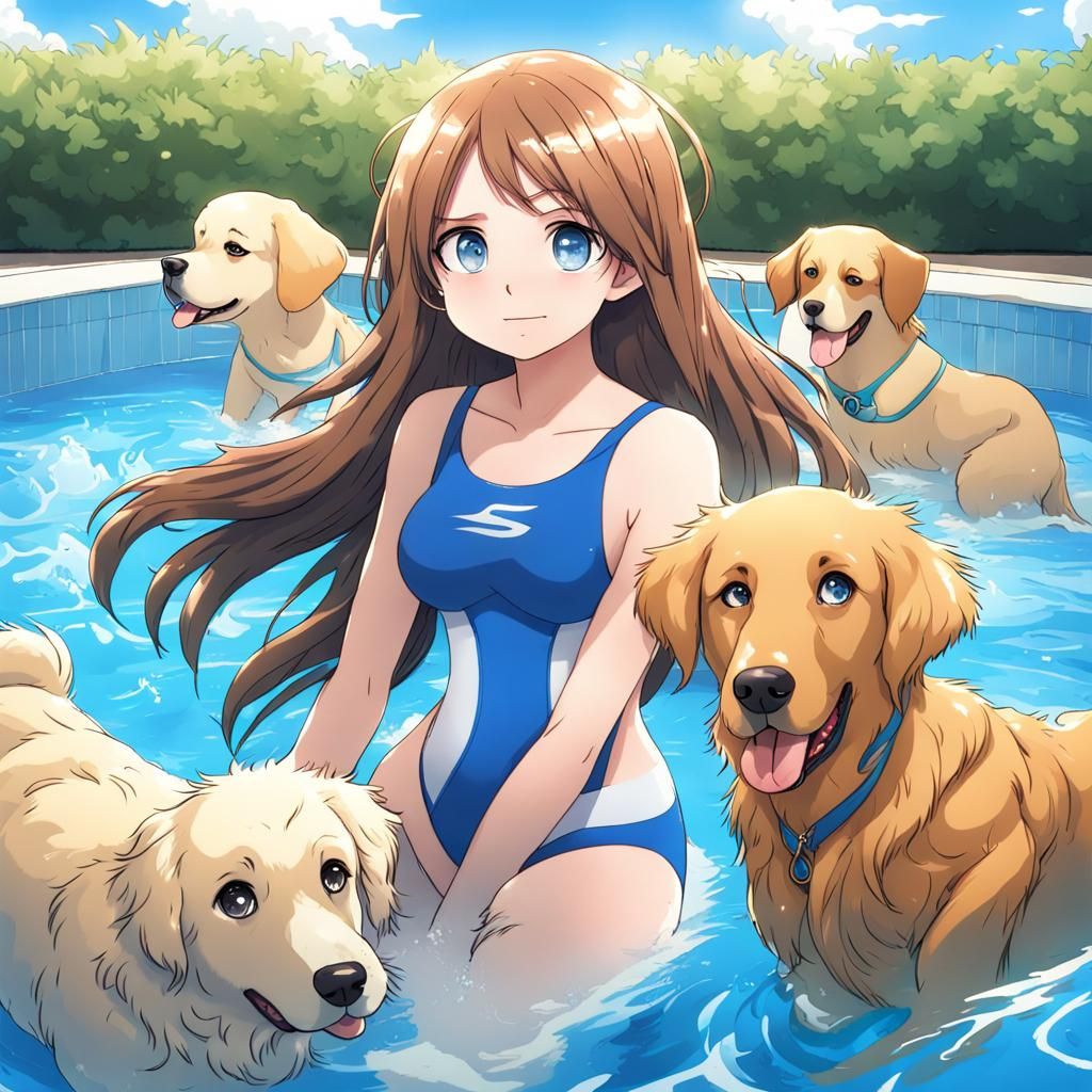Girl Swimming With Dogs in Anime Style