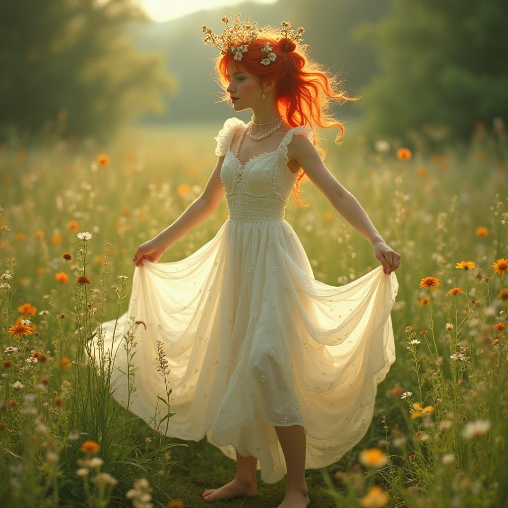 Woman Dancing in Meadow, Alphonse Mucha Style