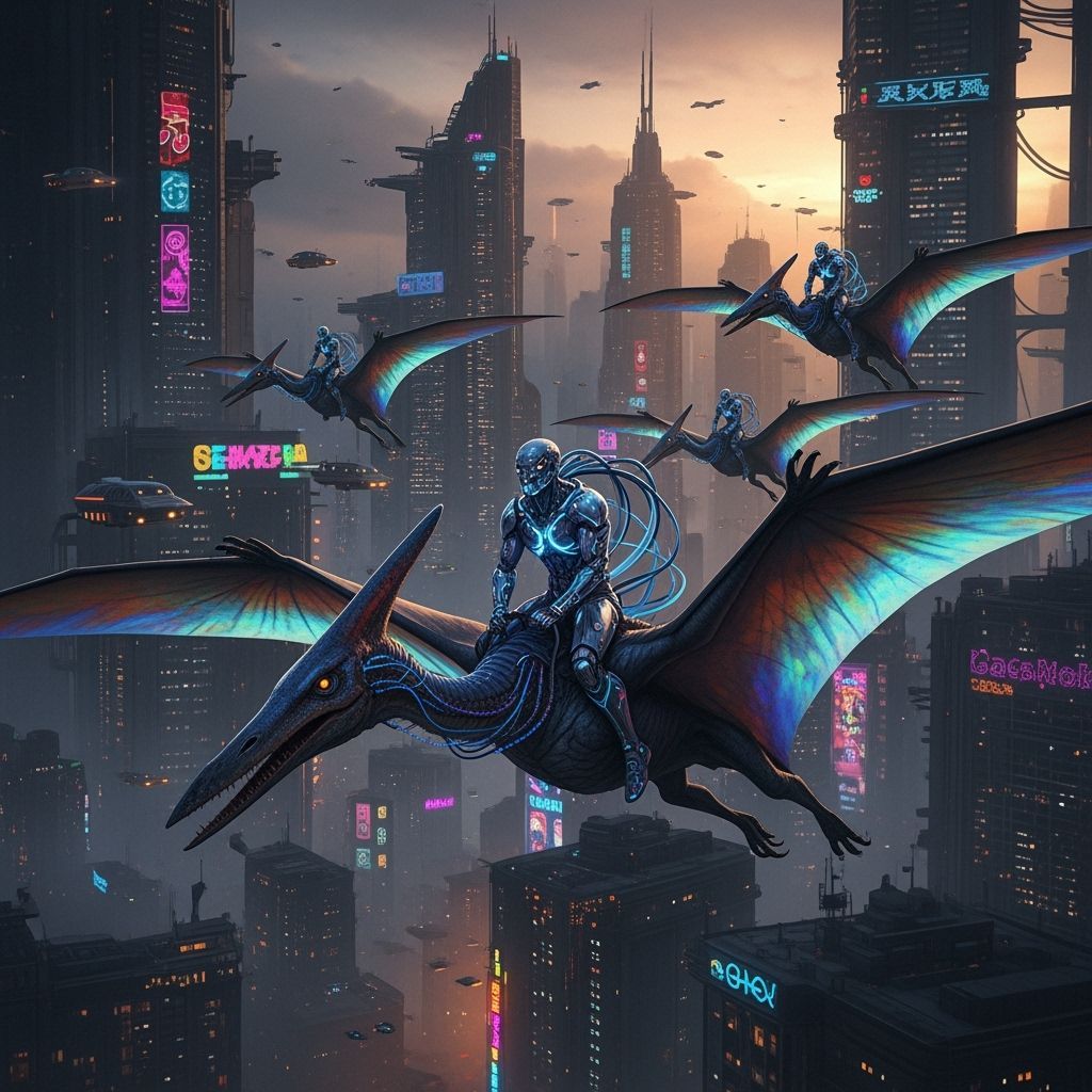 Cyborgs Riding Bioluminescent Pterosaurs in Cyberpunk City