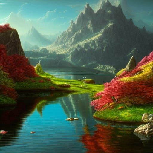 Colorful Mountain Pond Landscape in Photorealistic Style